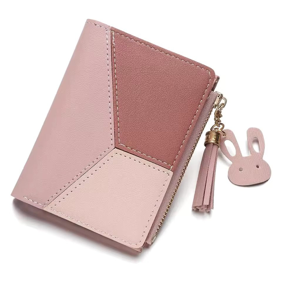 Compact Tassel Wallet – Stylish Patchwork PU Leather with Zipper Closure, Cardholder, and Coin Pocket for Women