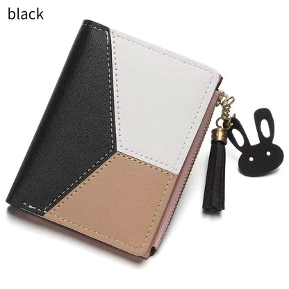 Compact Tassel Wallet – Stylish Patchwork PU Leather with Zipper Closure, Cardholder, and Coin Pocket for Women