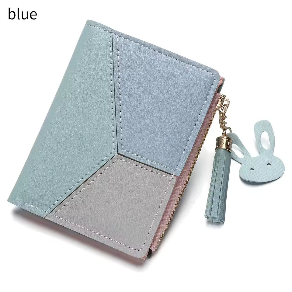 Compact Tassel Wallet – Stylish Patchwork PU Leather with Zipper Closure, Cardholder, and Coin Pocket for Women