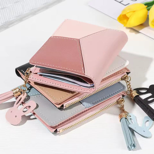 Compact Tassel Wallet – Stylish Patchwork PU Leather with Zipper Closure, Cardholder, and Coin Pocket for Women