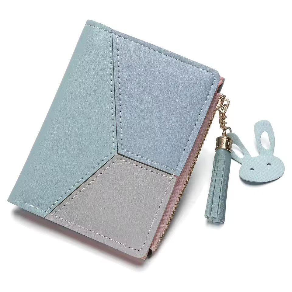 Compact Tassel Wallet – Stylish Patchwork PU Leather with Zipper Closure, Cardholder, and Coin Pocket for Women